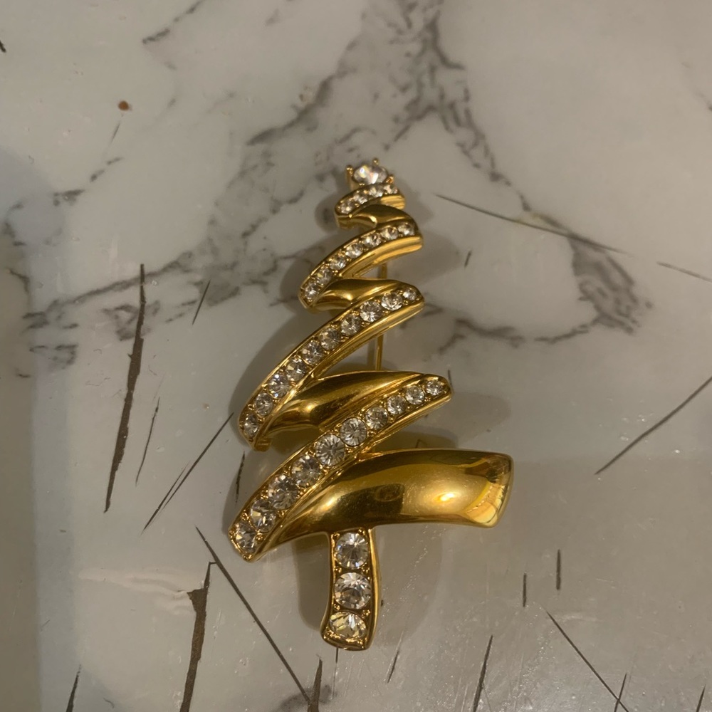 Monet Christmas Tree Brooch Pin Gold Tone Crystal